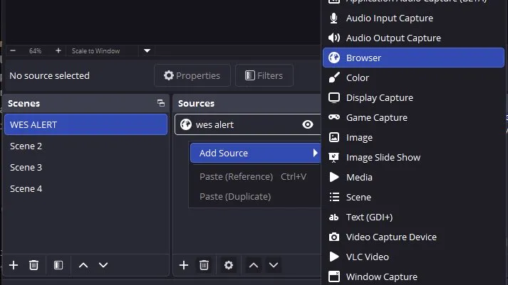 OBS · Scenes & Sources panel · dedicated WES Alert scene