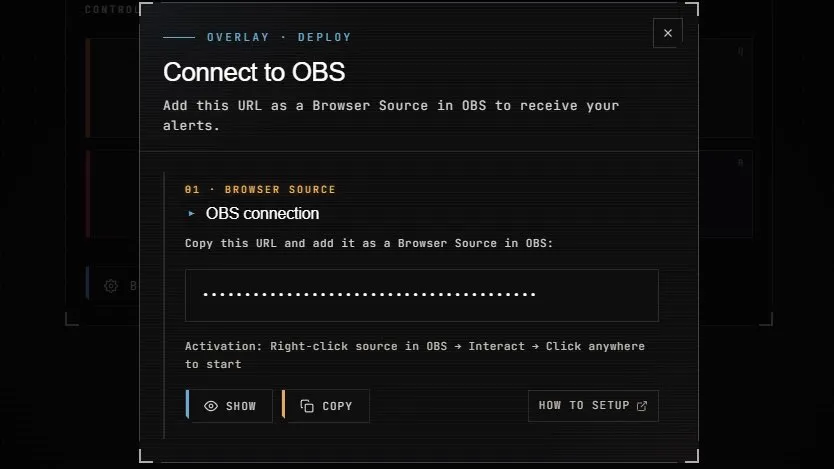 Dashboard · Overlay URL block with Show and Copy buttons